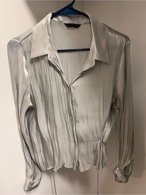 Zara Silver Plisse Button-Down Shirt